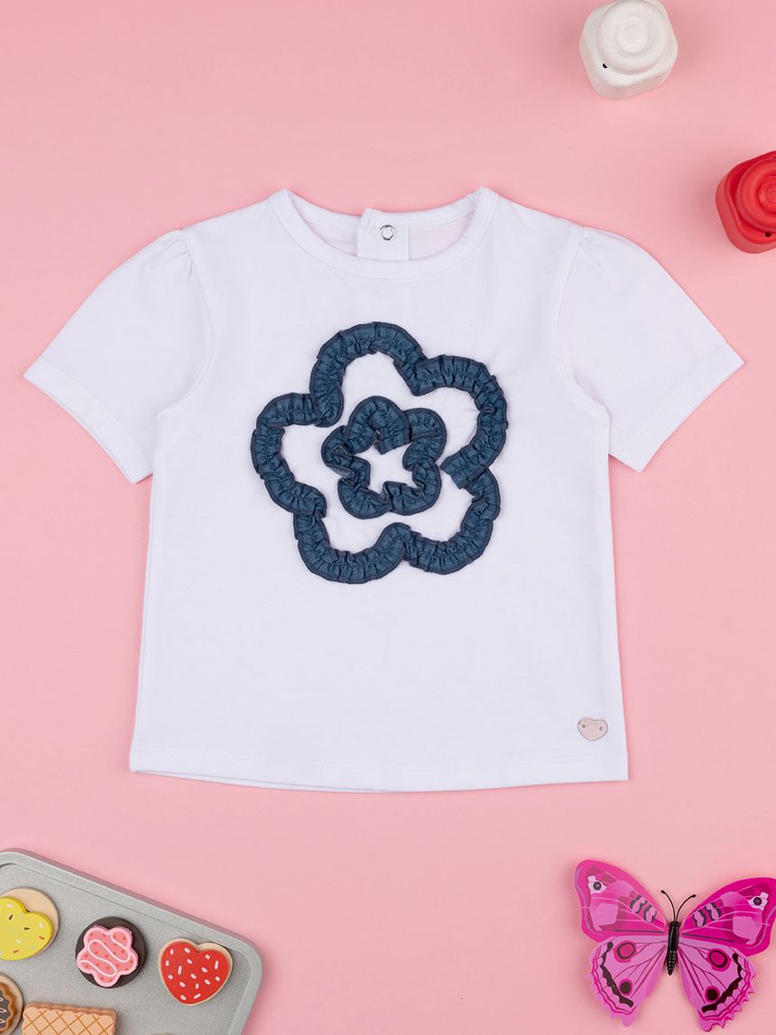 T-shirt bimba bianca fiore denim