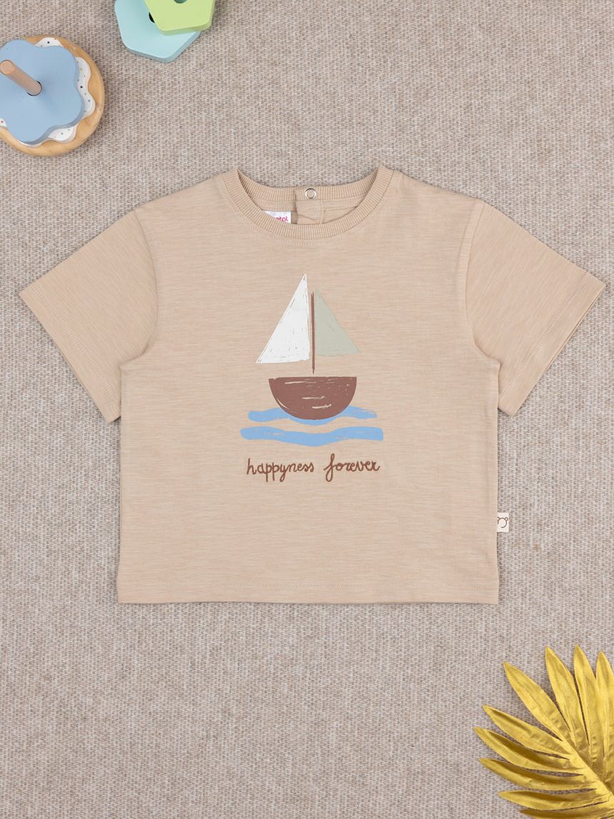 T-shirt bimbo beige stampa barca