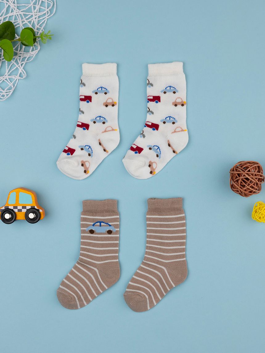 Pack 2 calze bimbo panna/beige macchine