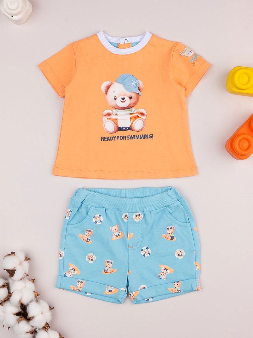 Completo corto bimbo azzurro/arancione orsetti