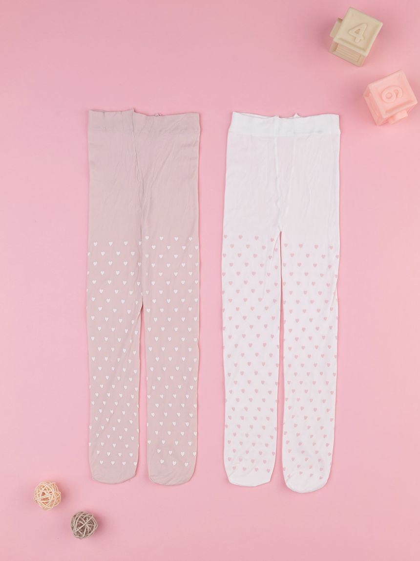 Pack 2 collant bambina rosa/bianco cuori