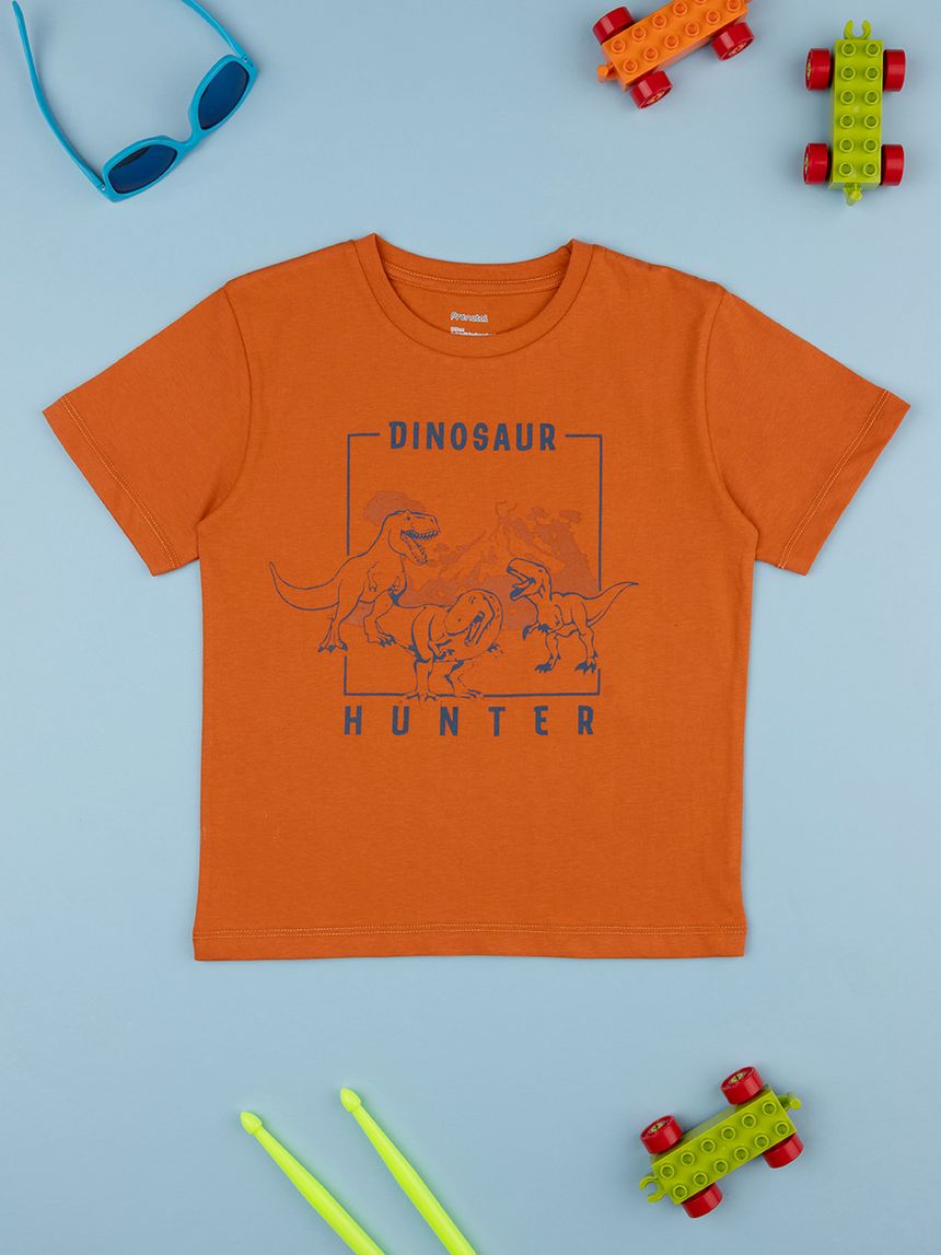 T-shirt bimbo arancione stampata dinosauri