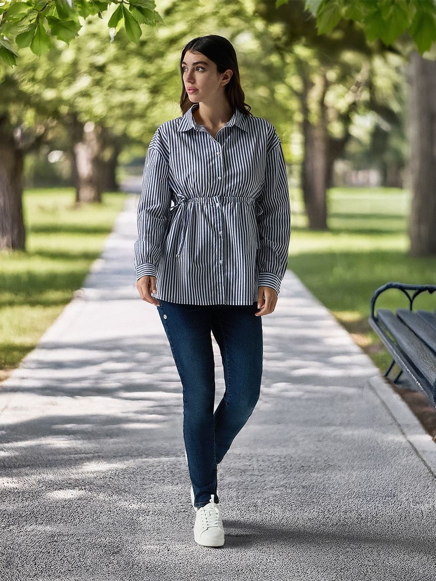 Camicia premaman in popeline a righe blu e bianche