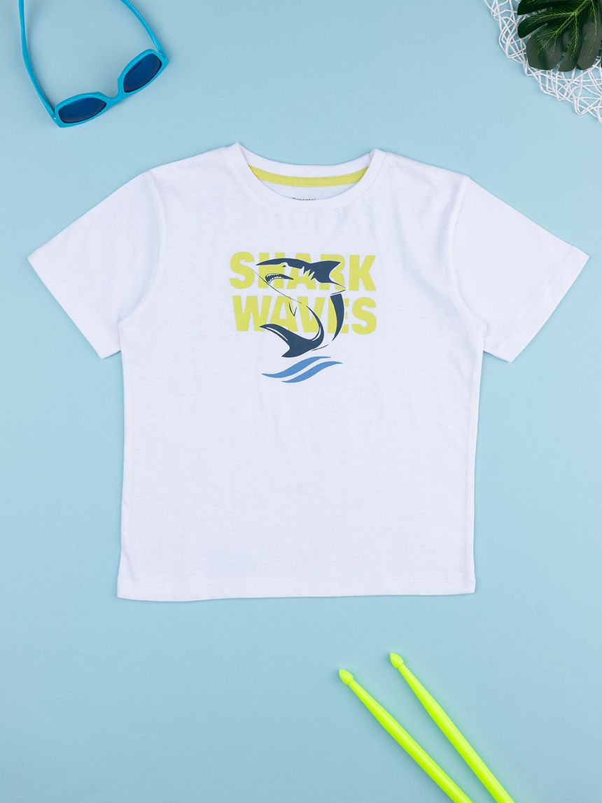 T-shirt bimbo bianca stampa shark