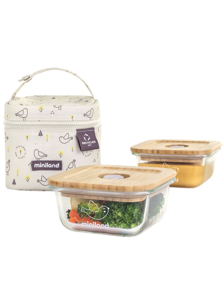 Set di contenitori eco square per alimenti e borsa trasporto uccellini  - miniland