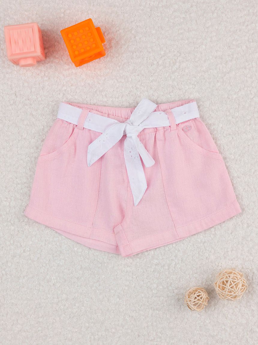 Shorts bimba rosa cintura sangallo bianco