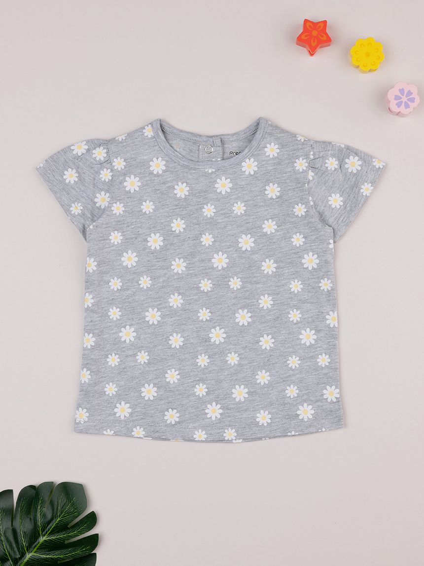 T-shirt bimba grigia margherite allover