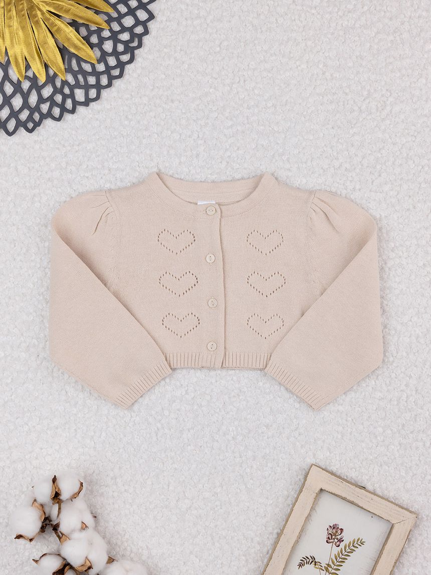 Cardigan bimba beige cuori traforati