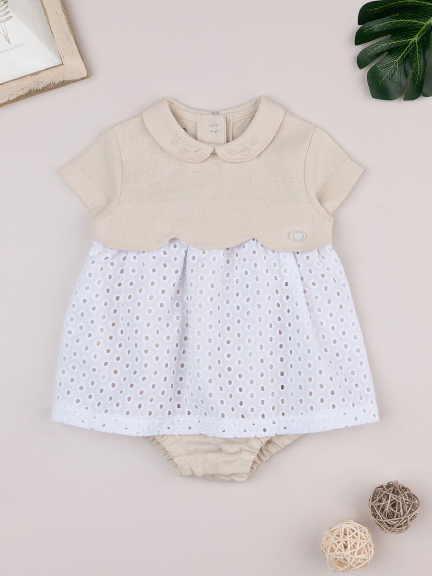 Abito bimba bicolor bianco/beige e sangallo