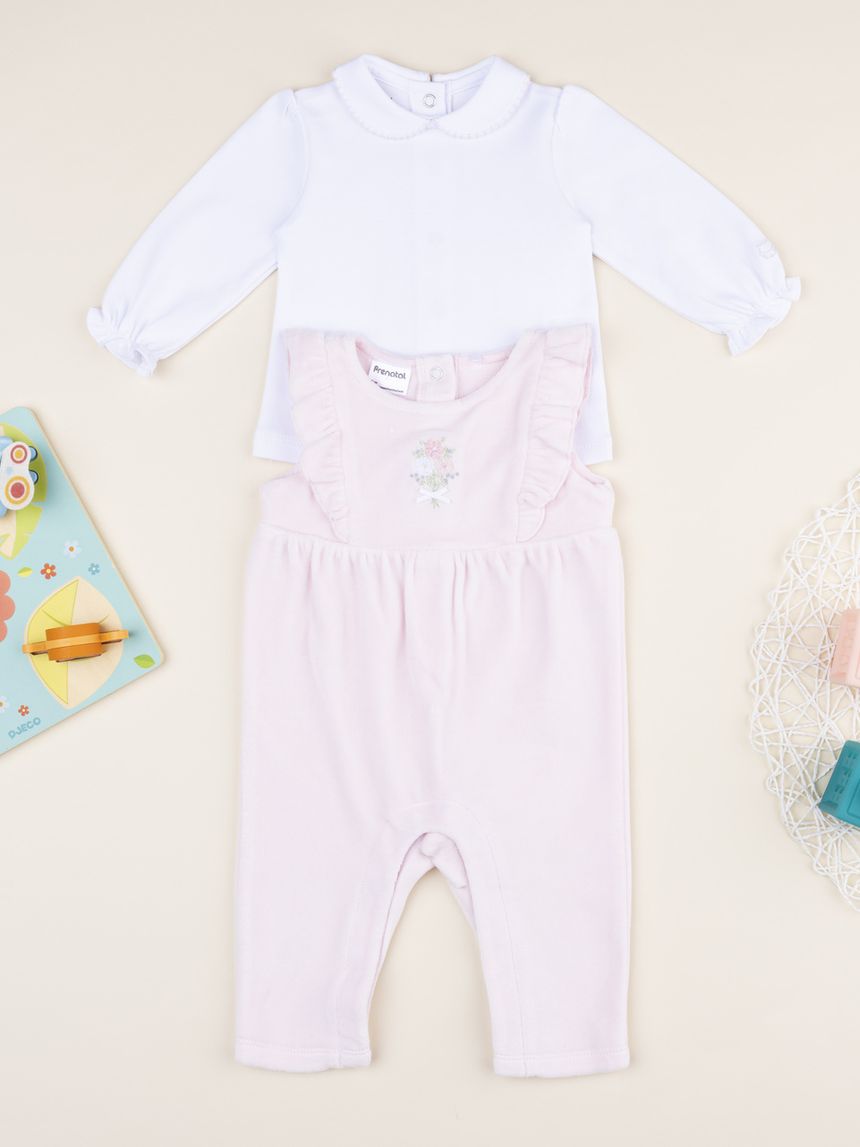 Completo bimba salopette e maglietta con ricamo