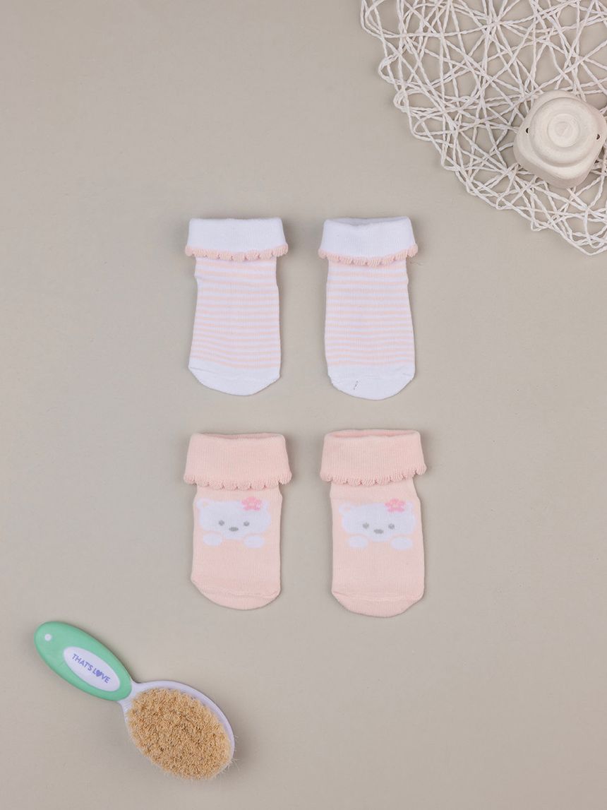 Pack 2 paia di calze in cotone rosa con orsetta e righe