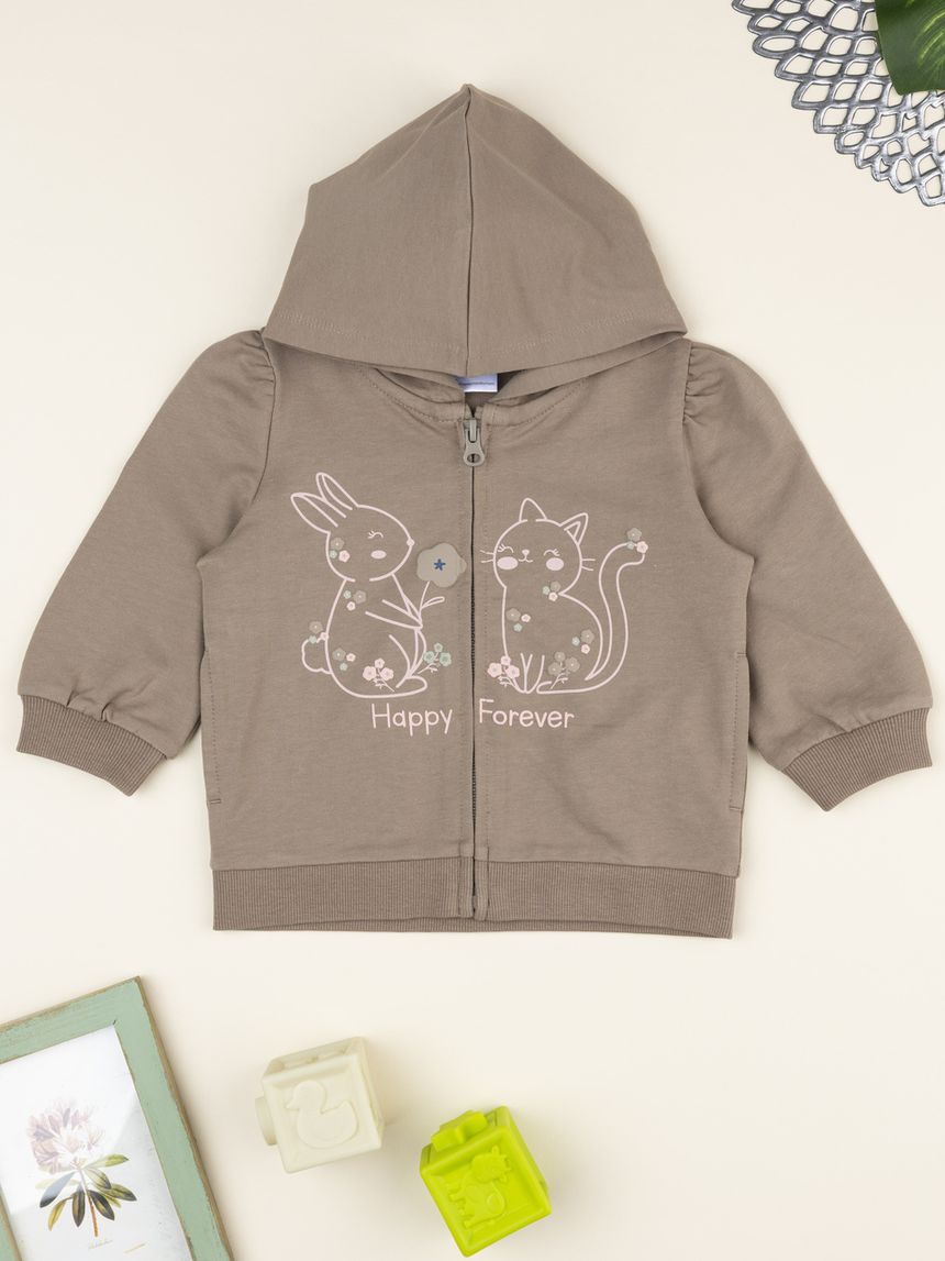 Felpa bimba marrone con cappuccio e stampa