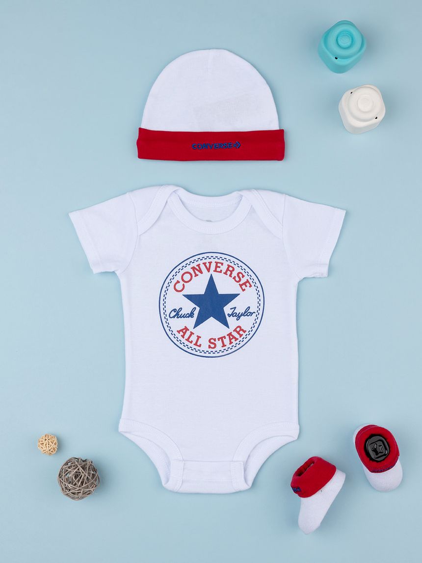 Set 3 pezzi converse cappellino + body + scarpe bianco e rosso