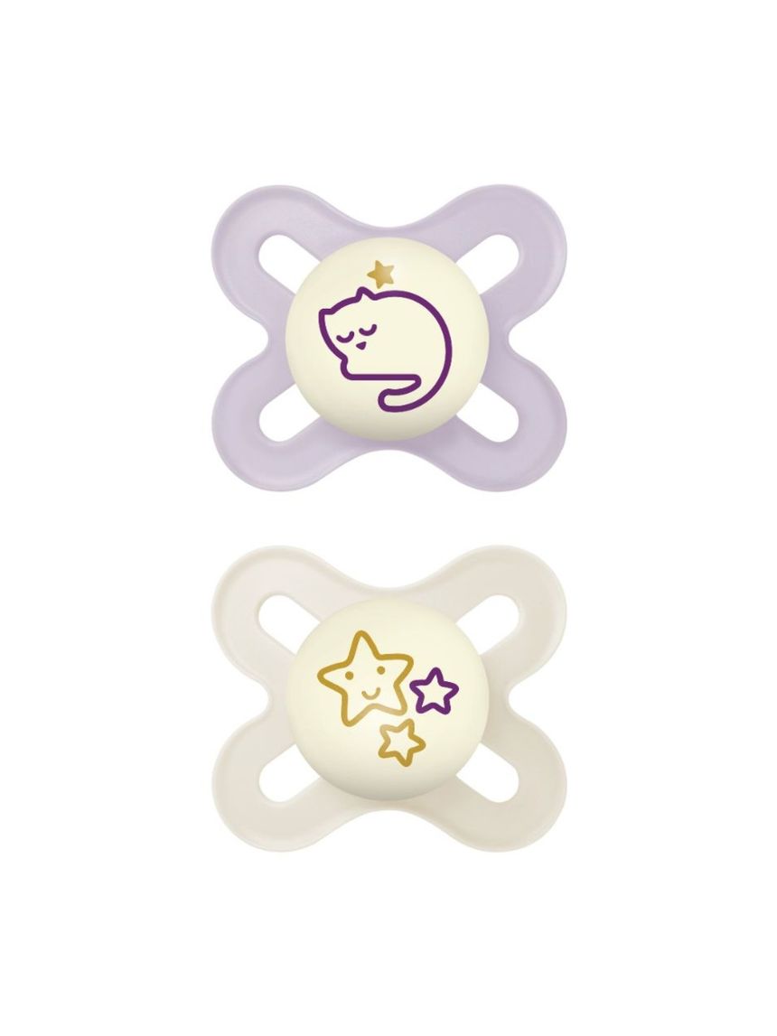 Succhietto original start night 0-2 mesi set da 2 silicone e porta ciuccio sterilizzatore, lilla - mam