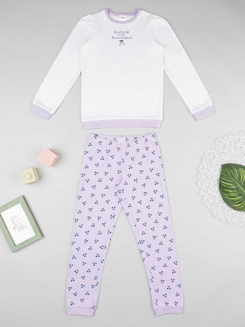Pigiama bimba bianco/viola ciliegie viola