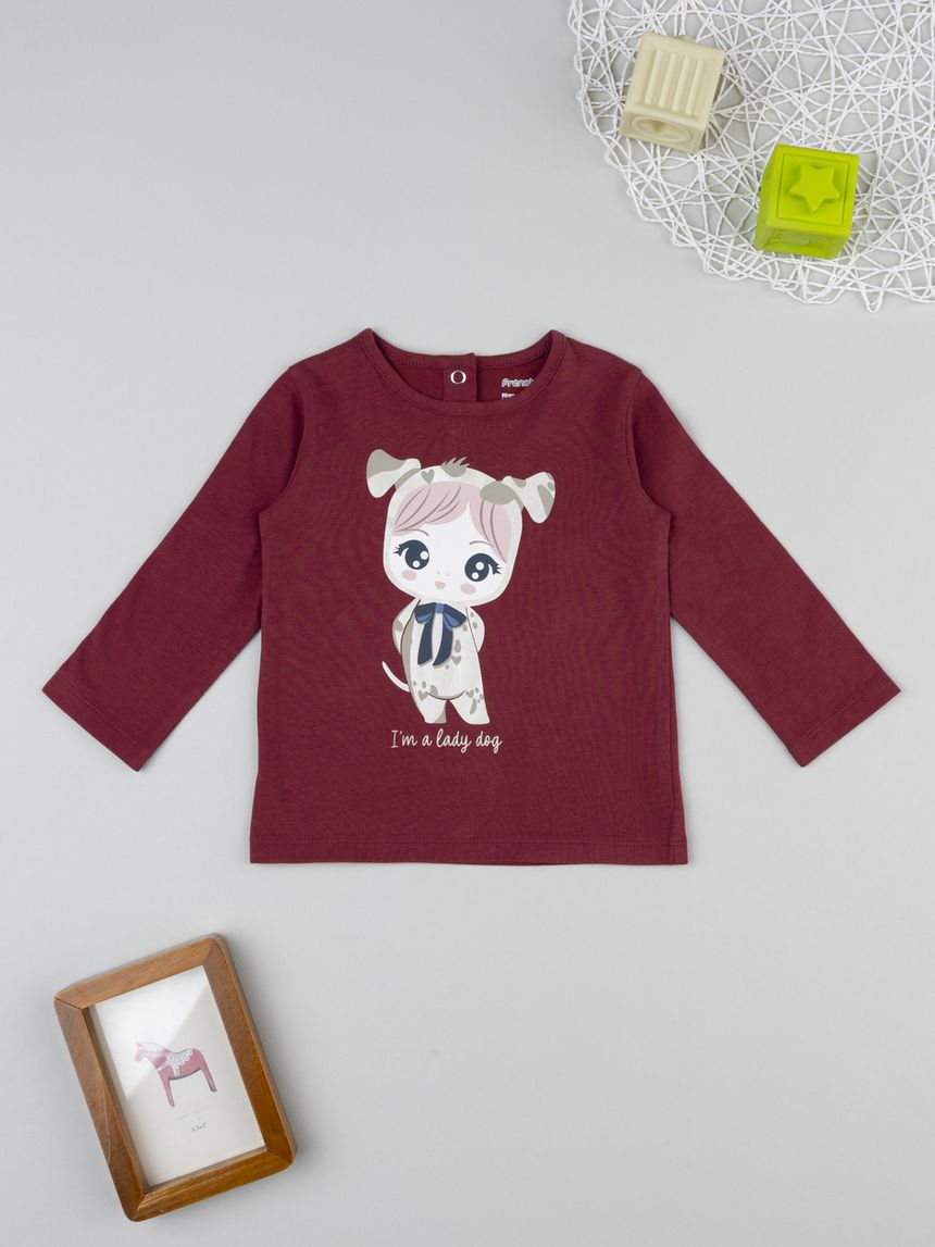 T-shirt bimba bordeaux stampa lady dog