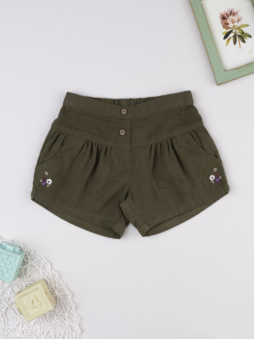 Shorts bimba verde ricamo floreale
