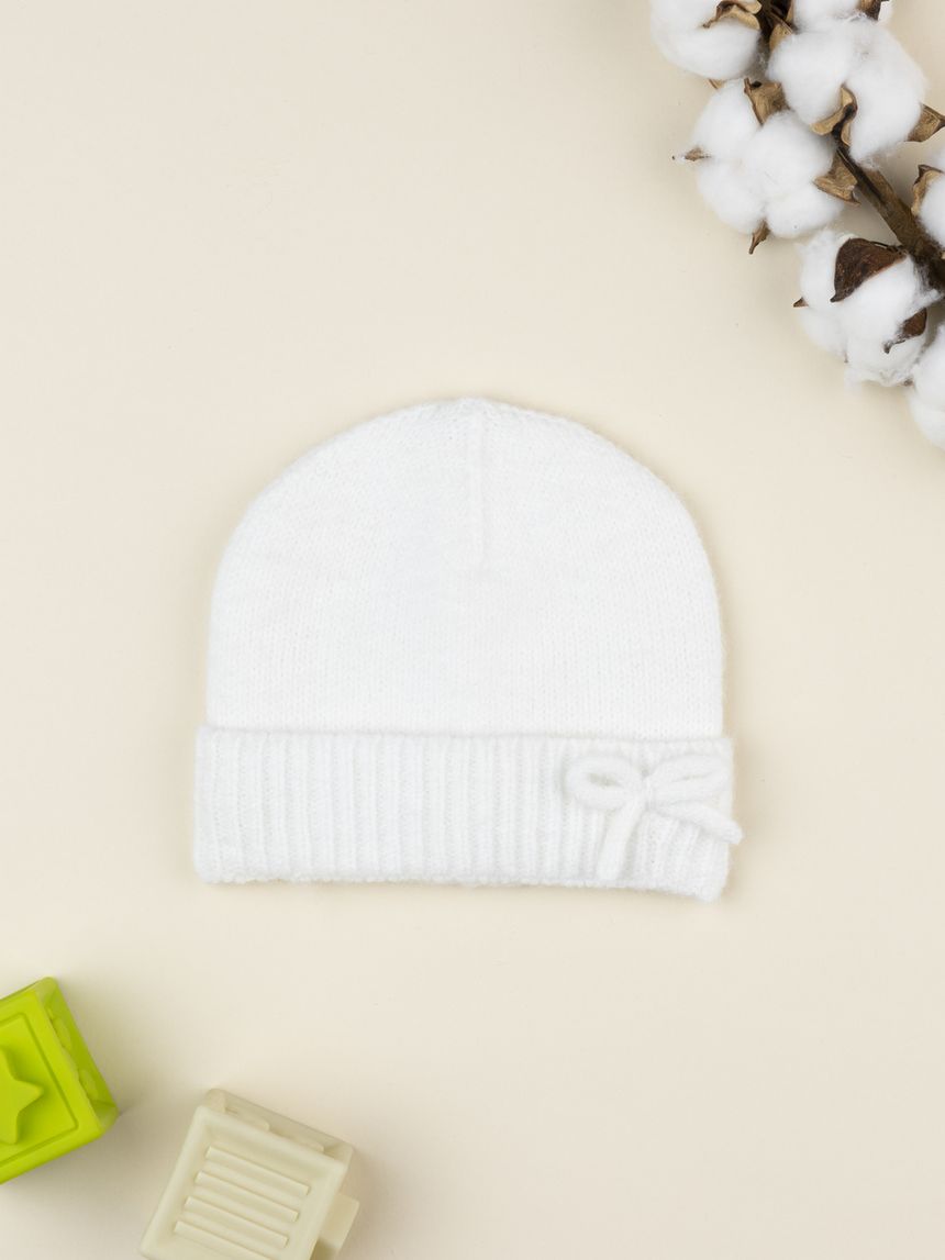 Berretto tricot bimba bianco con fiocco