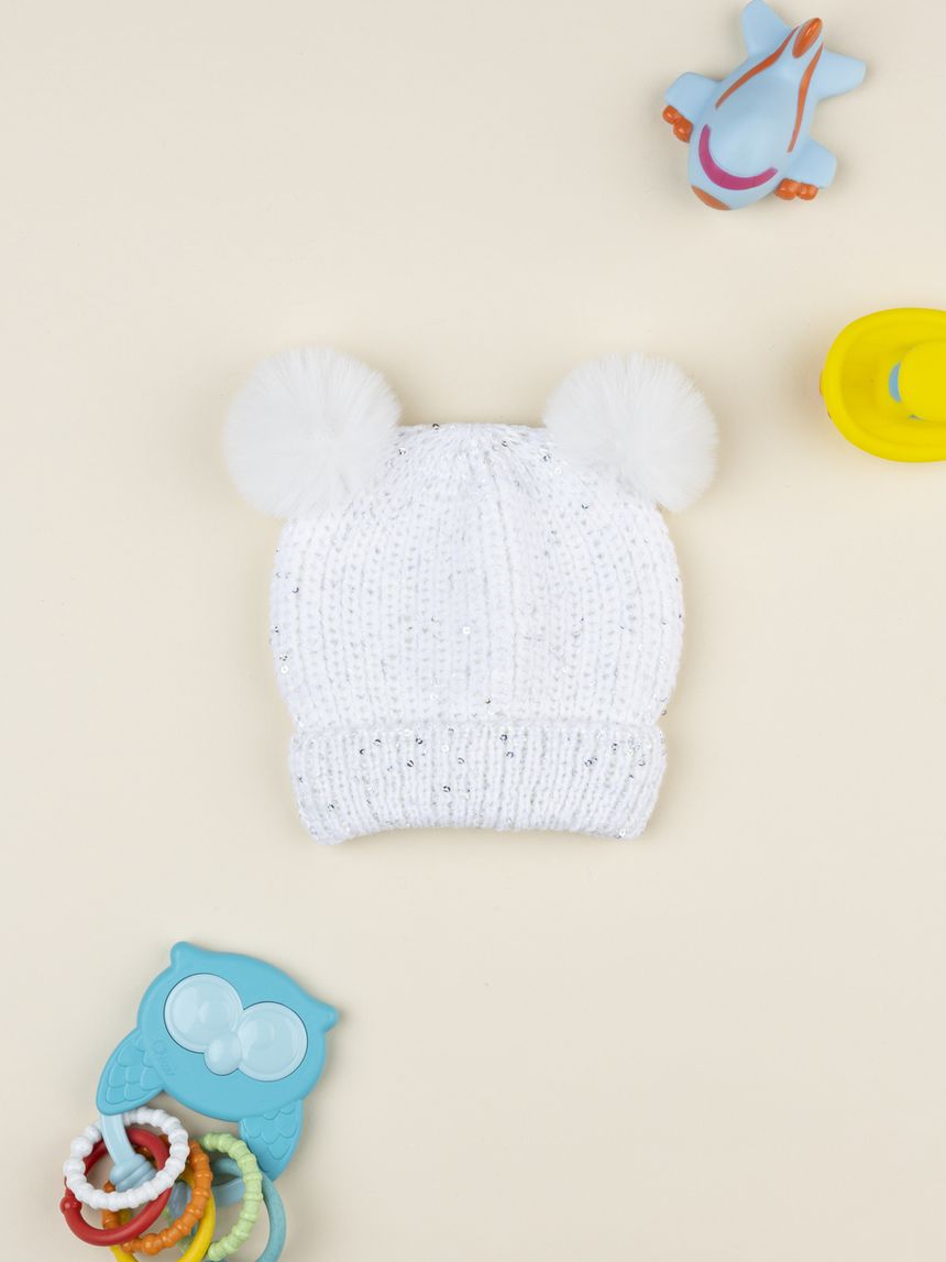 Cappello bimba bianco pon pon