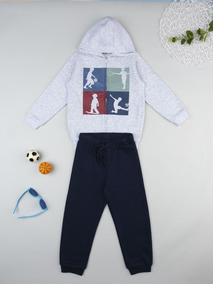 Completo jogging felpato bambino grigio/blu