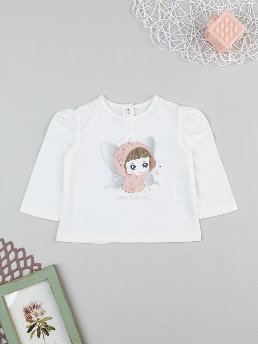 T-shirt bimba bianca stampata maniche lunghe