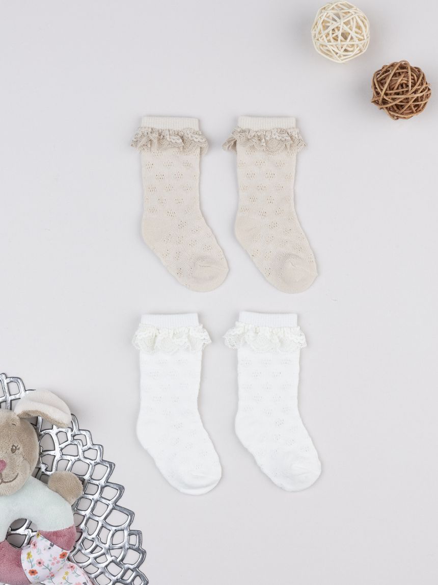 Calze bimba beige/bianco con pizzo