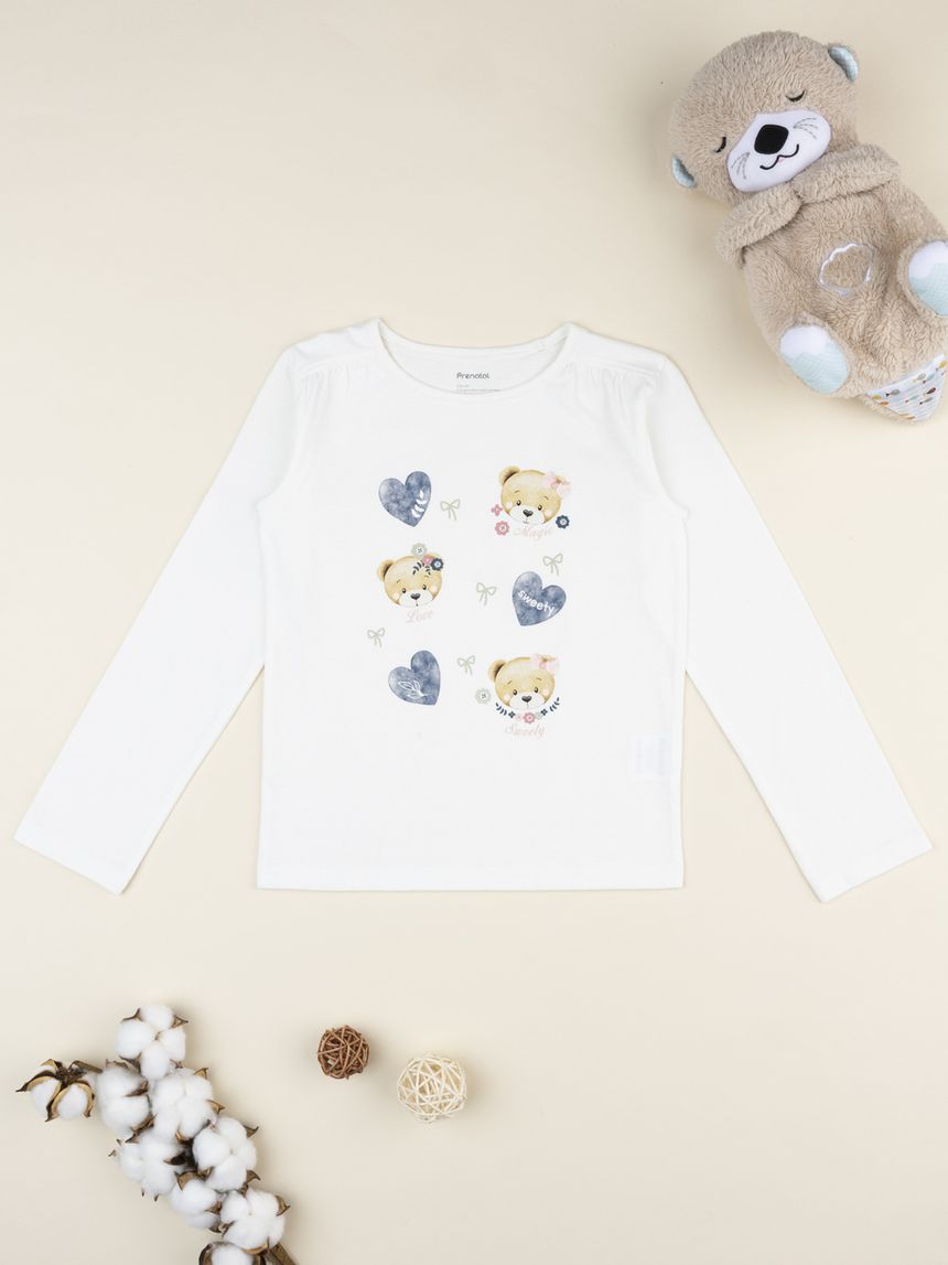 T-shirt bianca bambina cuori/orsi