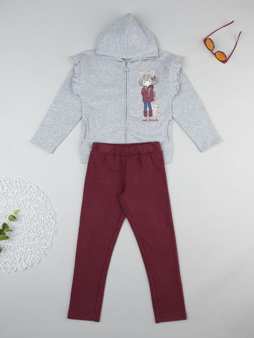 Completo jogging felpato bimba grigio/bordeaux