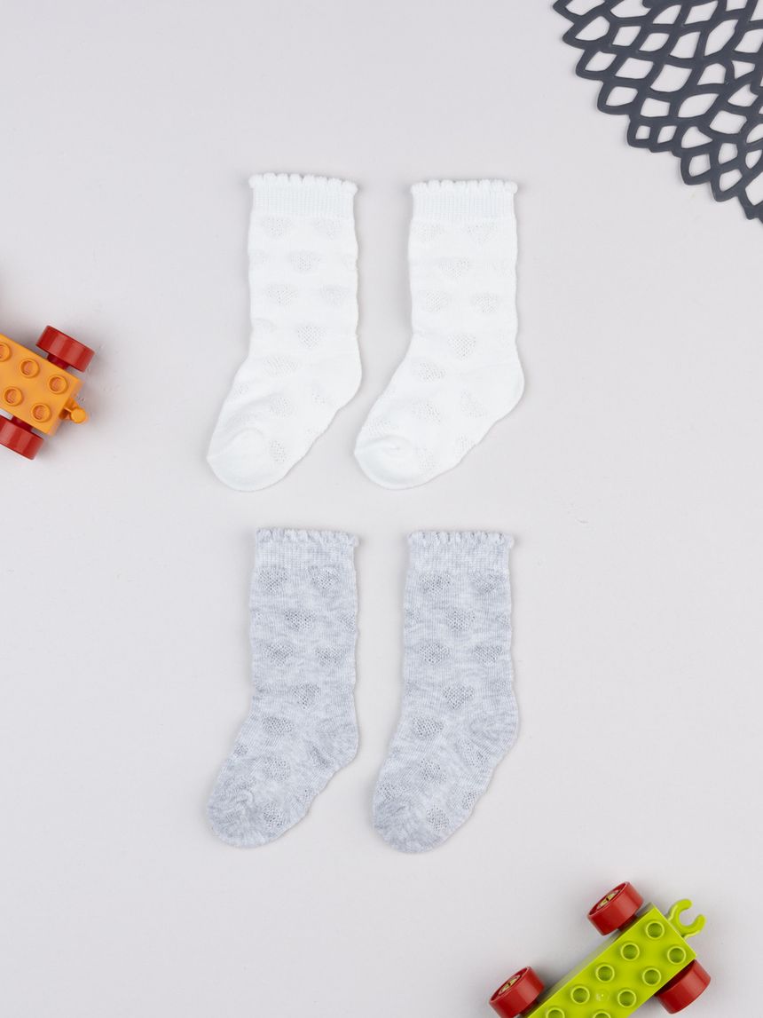 Pack 2 calze bimbo grigio/bianco ricami cuori