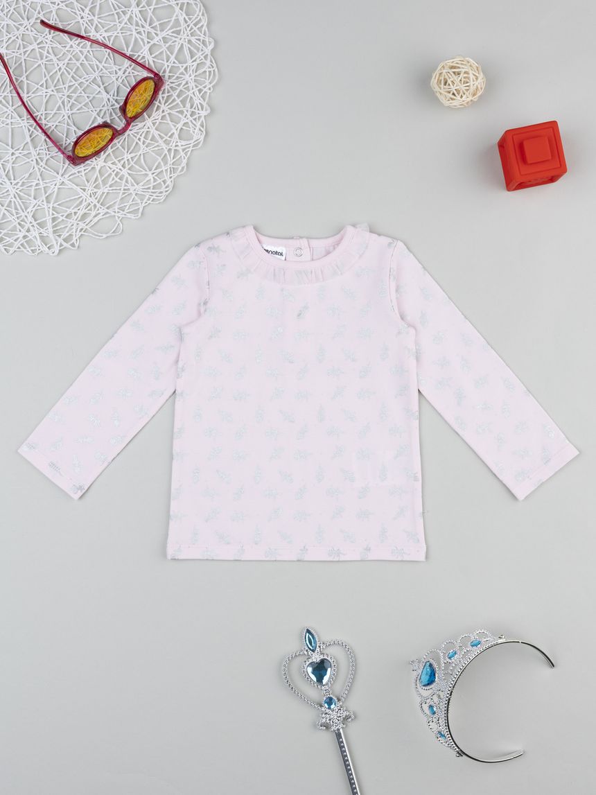 T-shirt bimba rosa stampa con frill girocollo