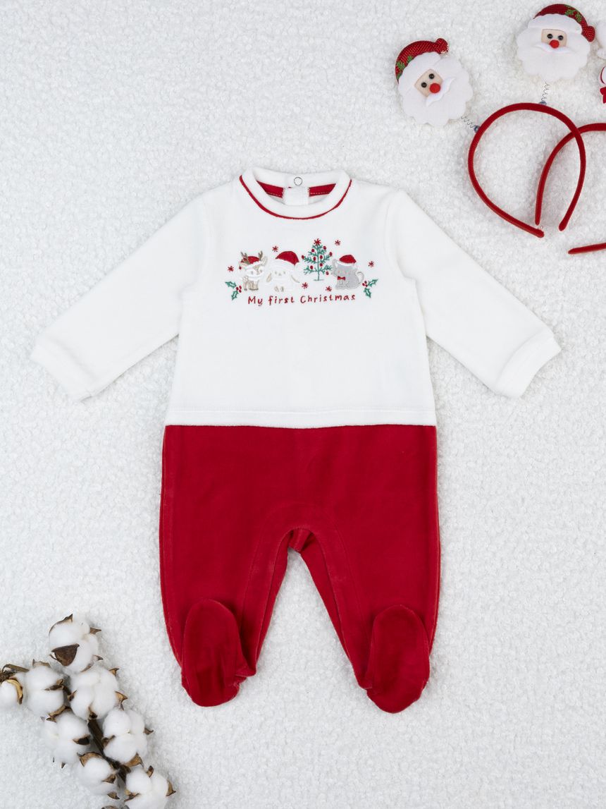 Tutina unisex bianco/rosso ricami natale