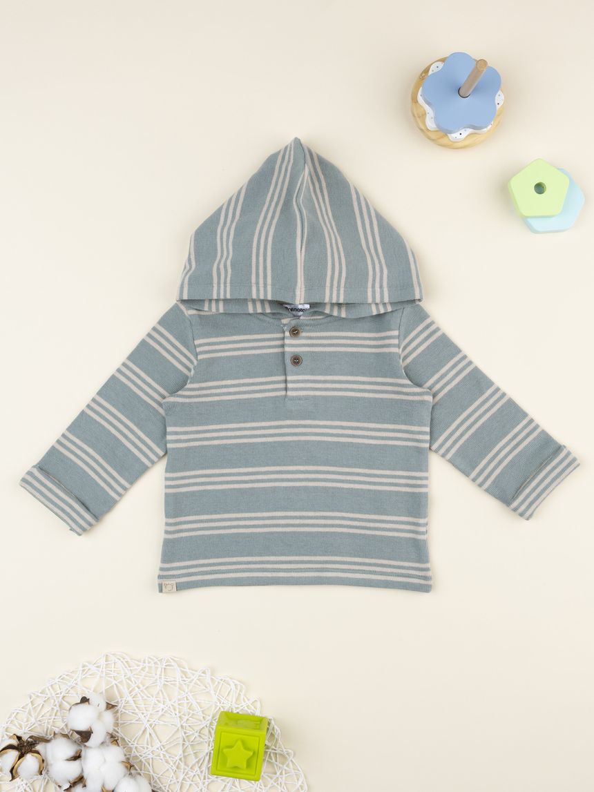 Maglia bimbo rigata verde/beige con cappuccio
