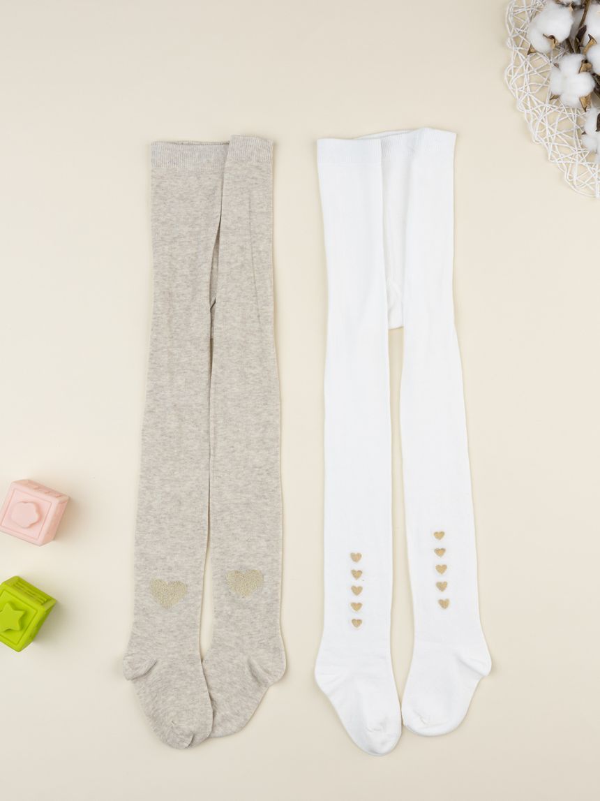 Pack 2 collant bimba beige/bianco cuori
