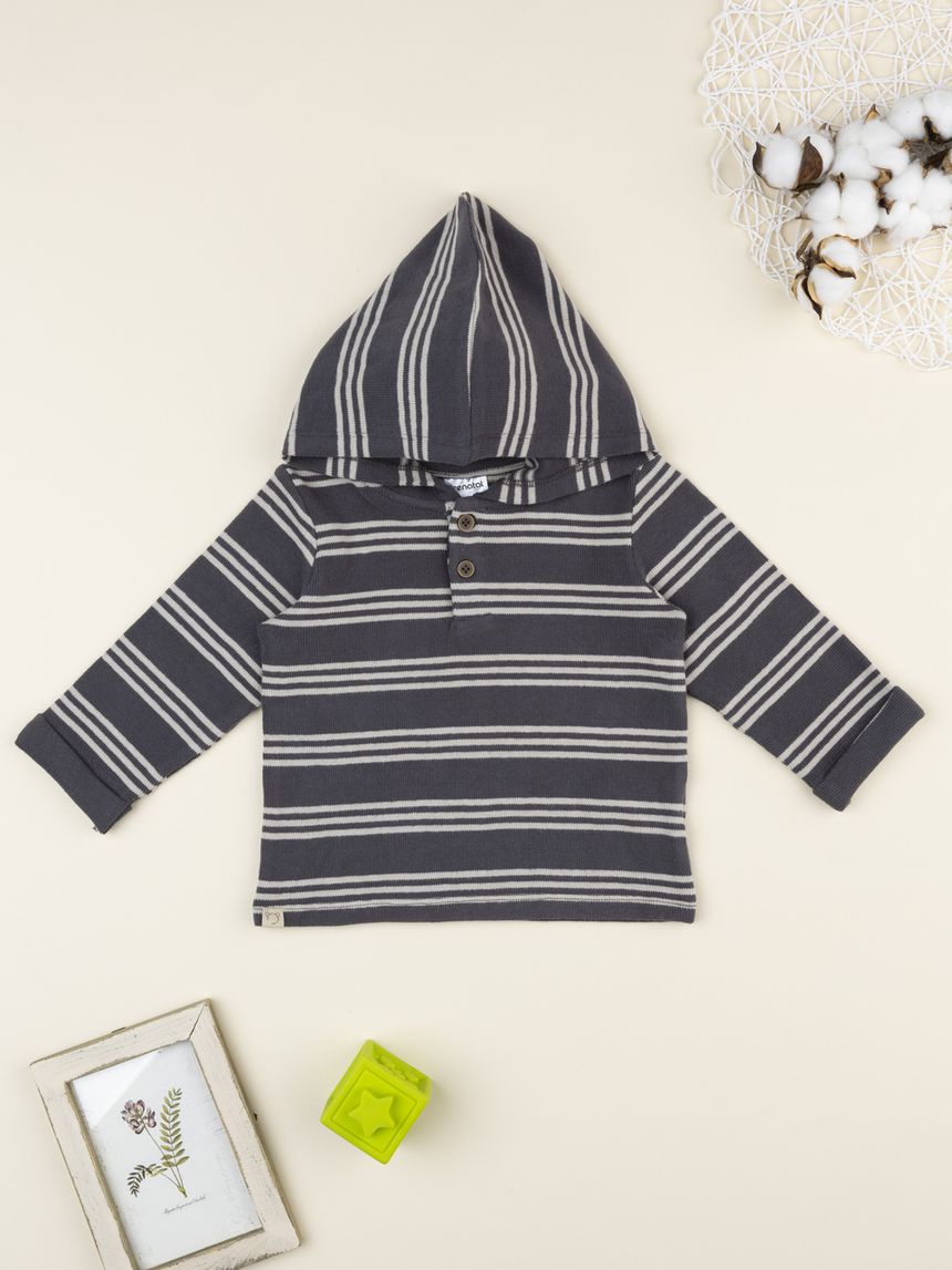 Maglia bimbo rigata grigio/beige con cappuccio