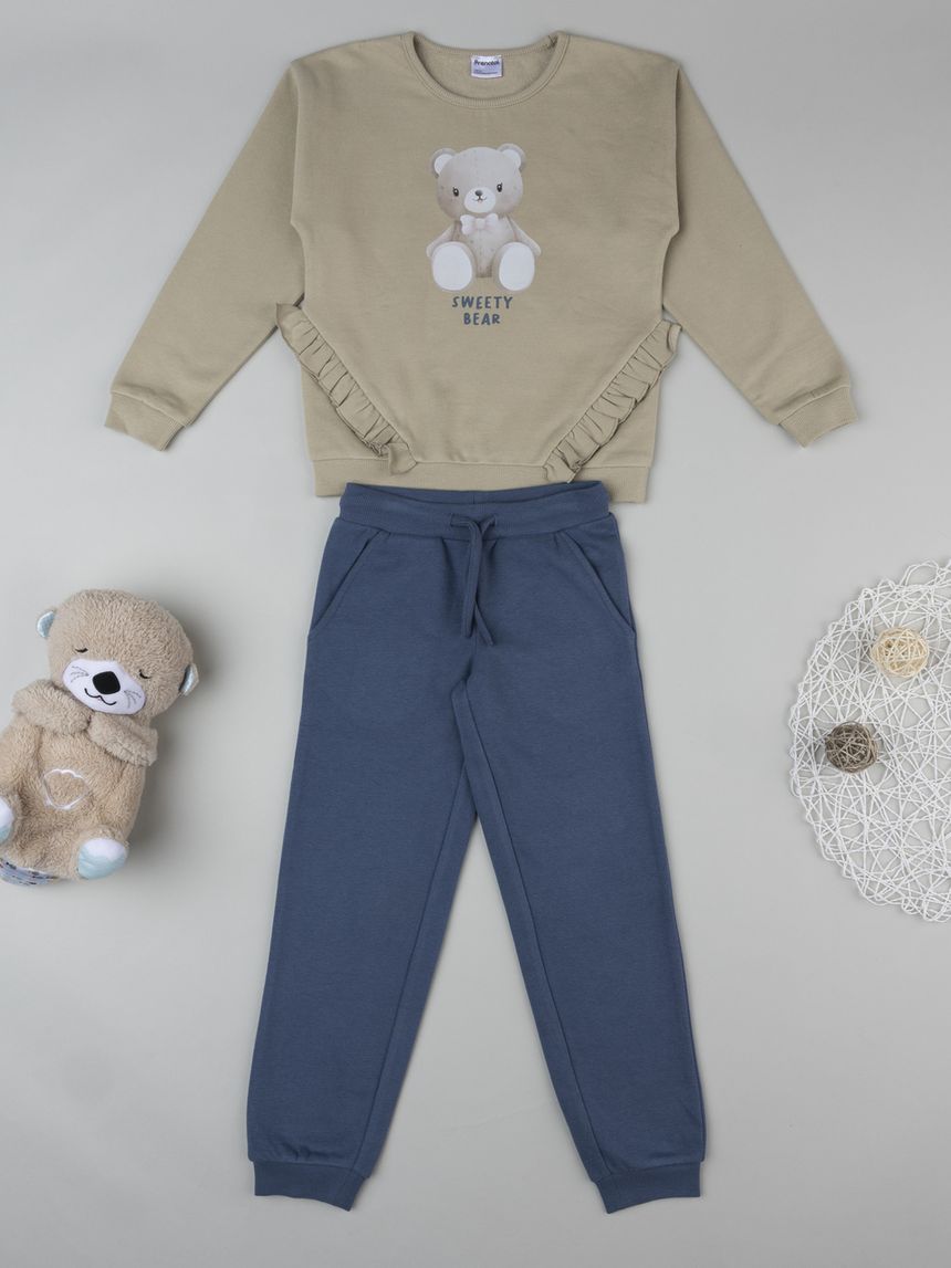 Jogger bambina beige/blu con stampa