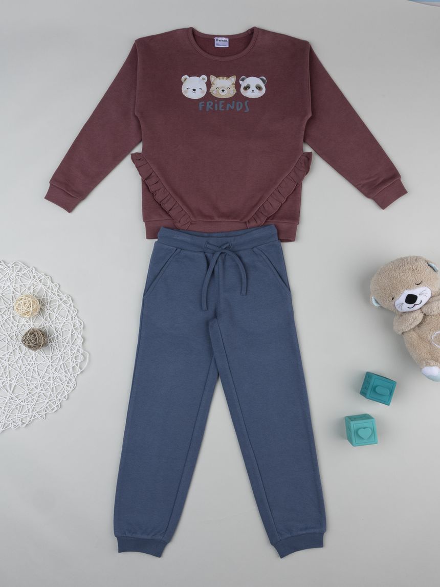 Jogger bambina bordeaux/blu con stampa