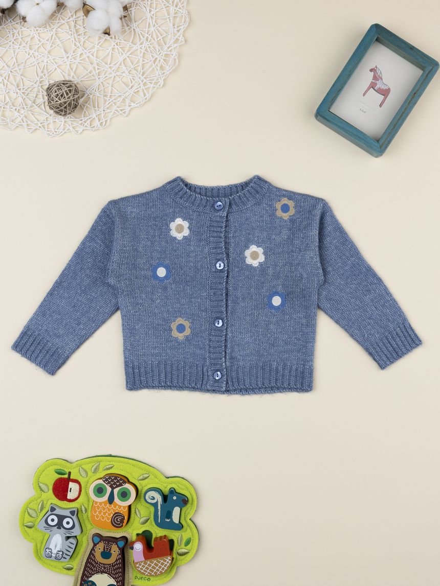Cardigan bimba blu ricami fiori