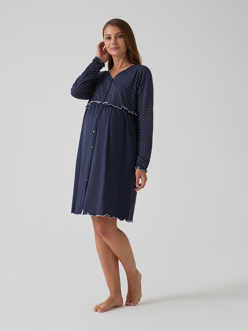 Camicia da notte premaman blu scuro con rouches e pois