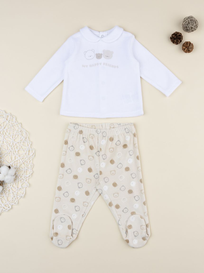 Completo due pezzi bimbo bianco/beige orsetti