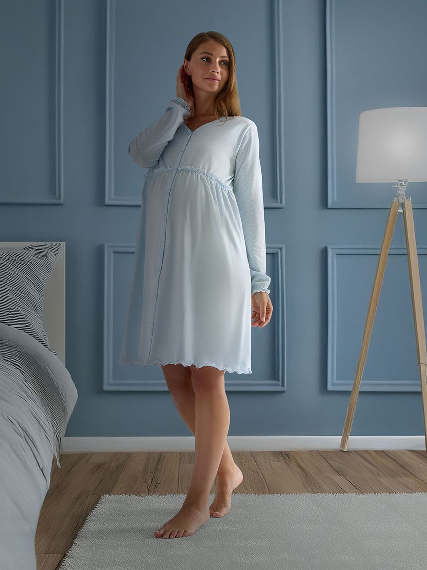 Camicia da notte premaman azzurra con rouches e pois
