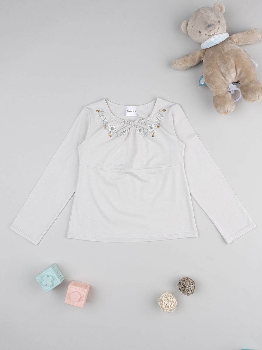 T-shirt beige bimba con collo ricamato