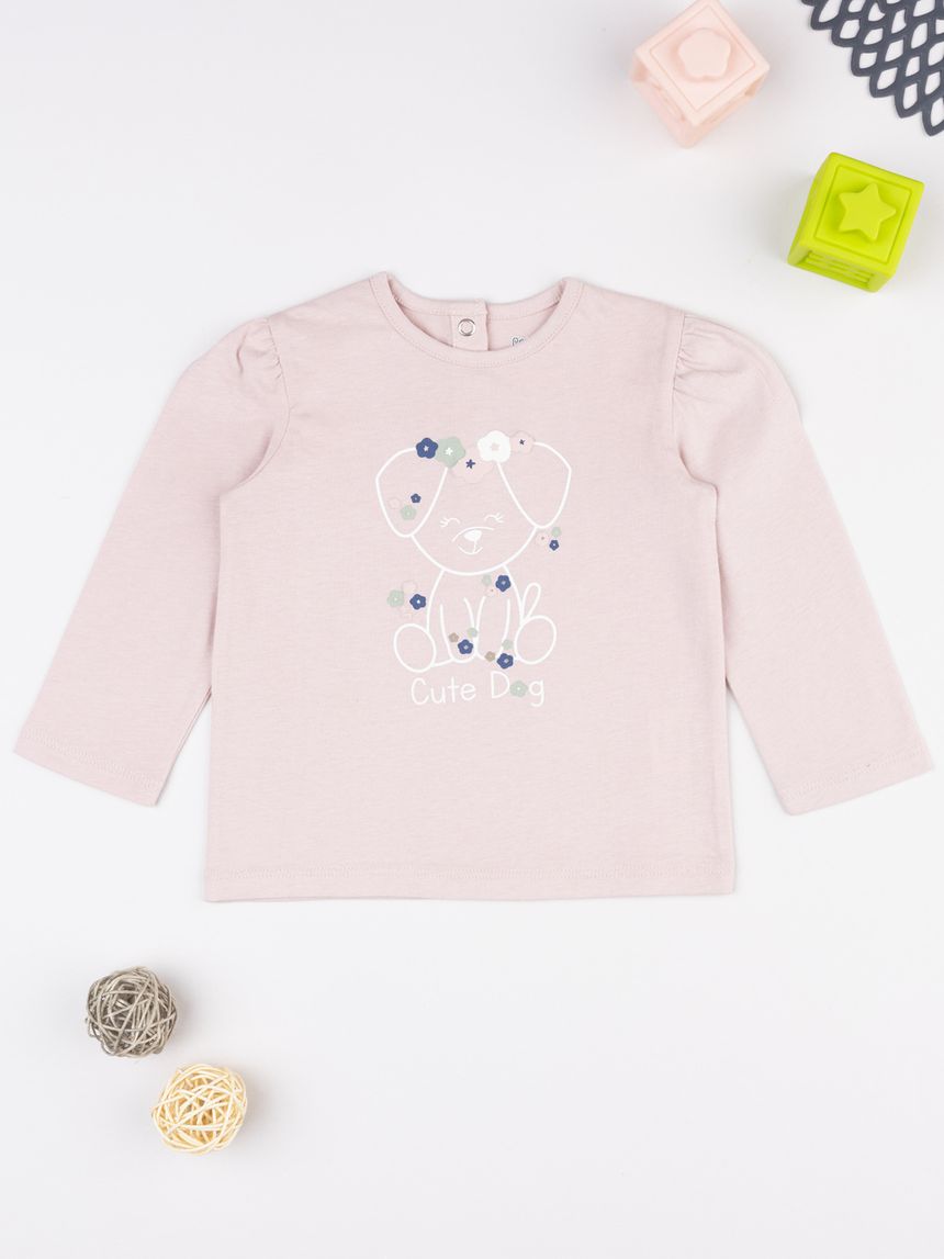 T-shirt bimba rosa stampa cagnolino