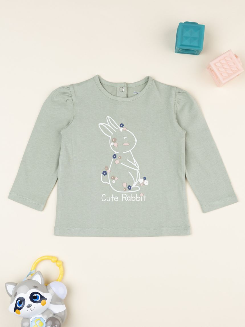T-shirt bimba verde stampa coniglietto