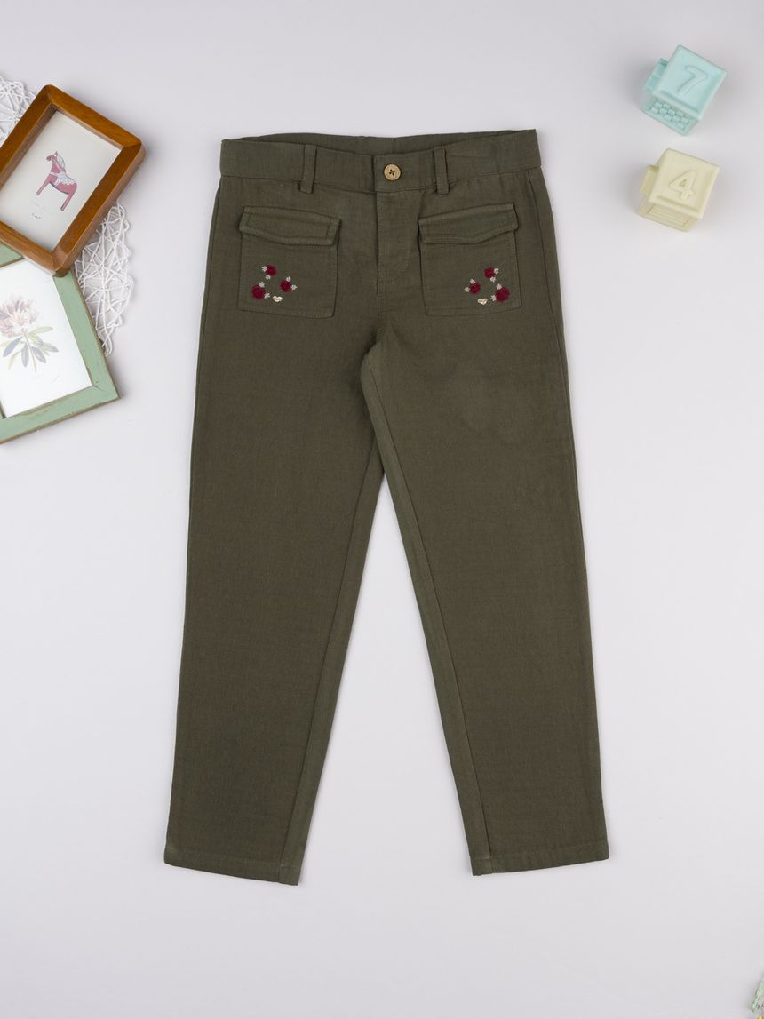 Pantalone bambina verde con ricamo
