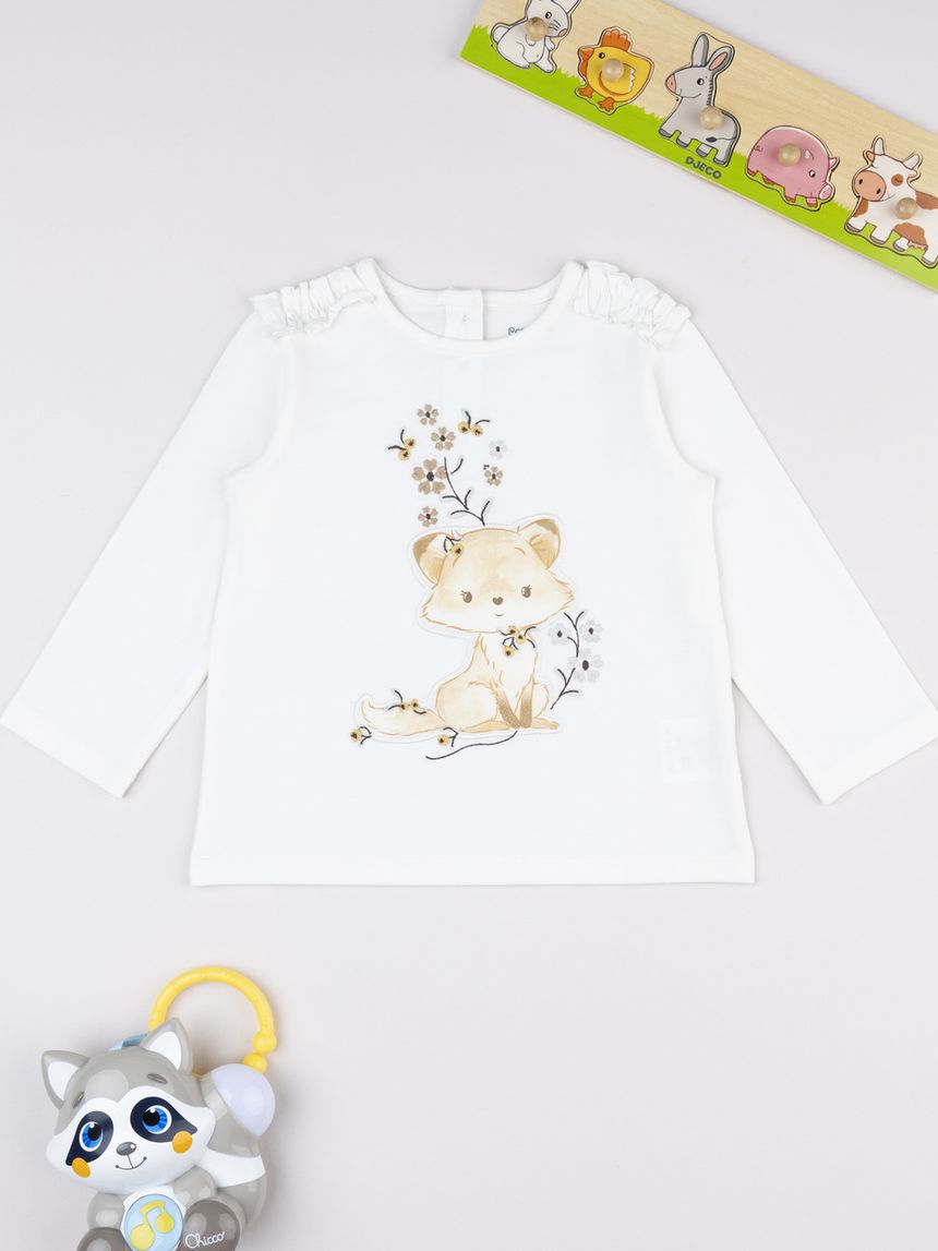 T-shirt bimba bianca stampa volpe
