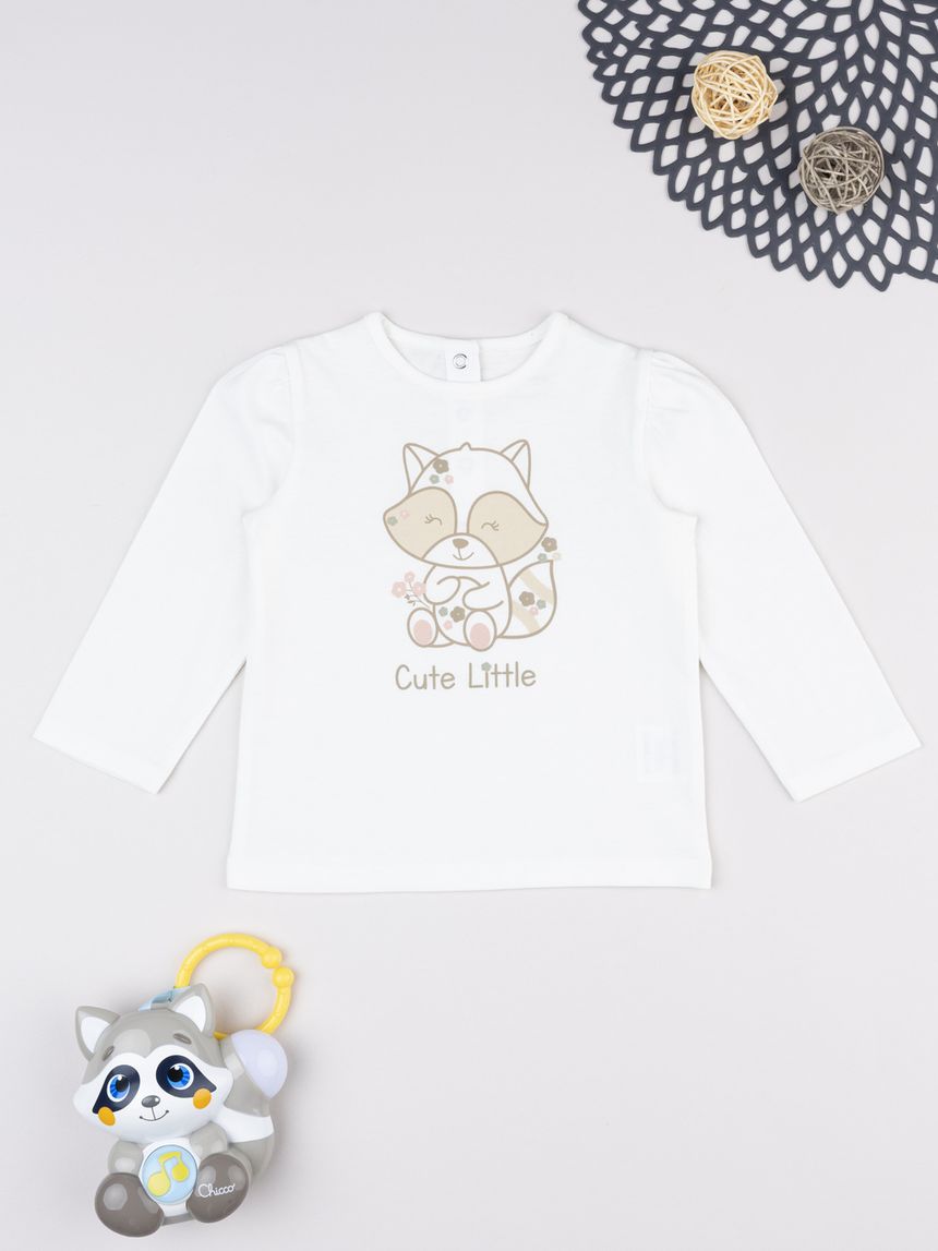 T-shirt bimba bianca stampa orsetto lavatore