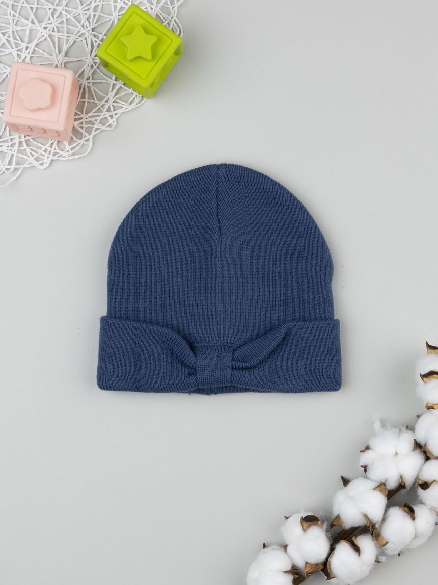Berretto blu bambina con fiocco