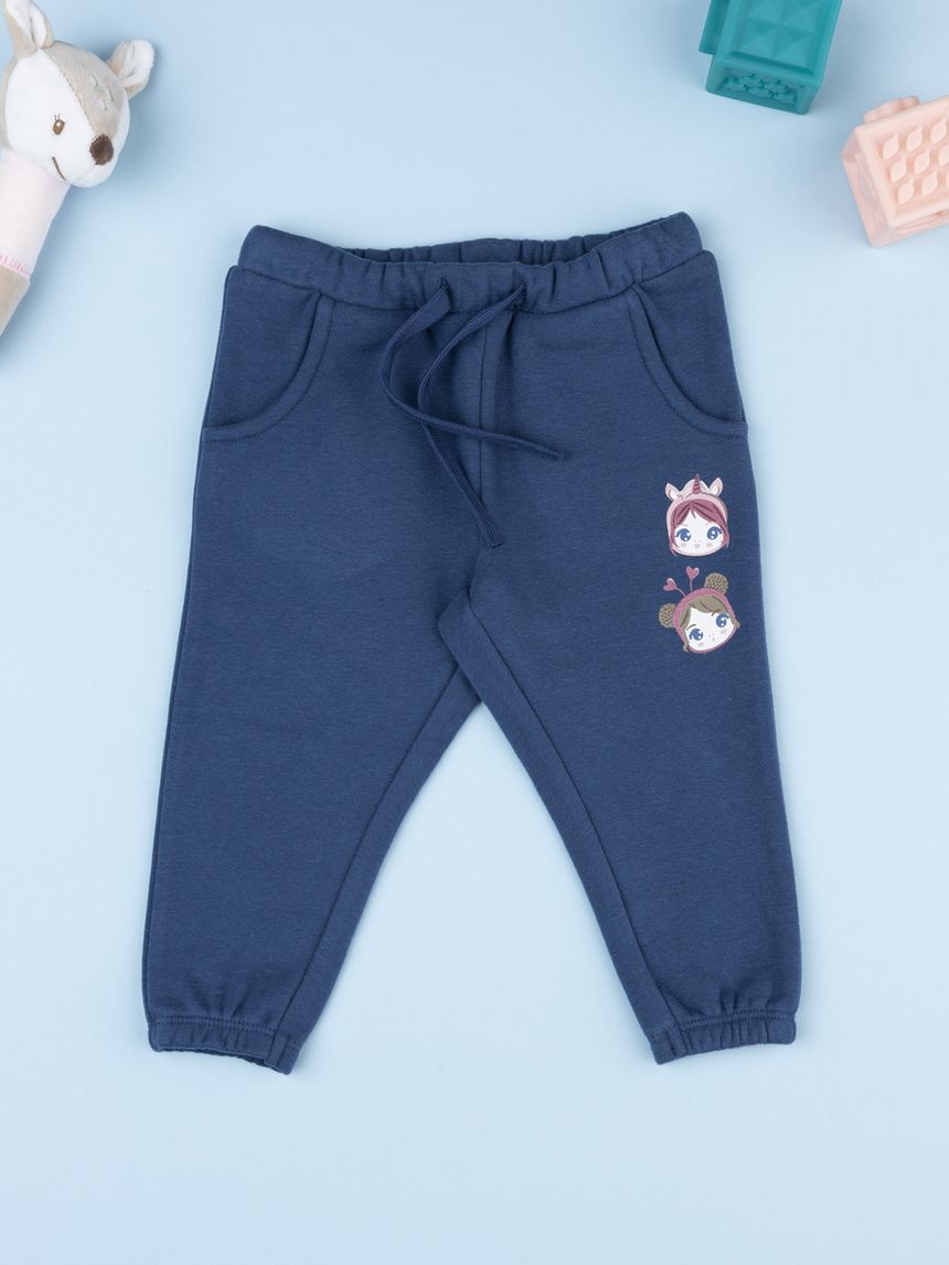 Pantalone felpato bimba blu con stampa