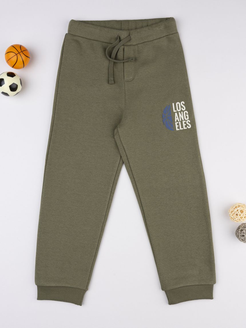 Pantalone felpato bambino verde con stampa