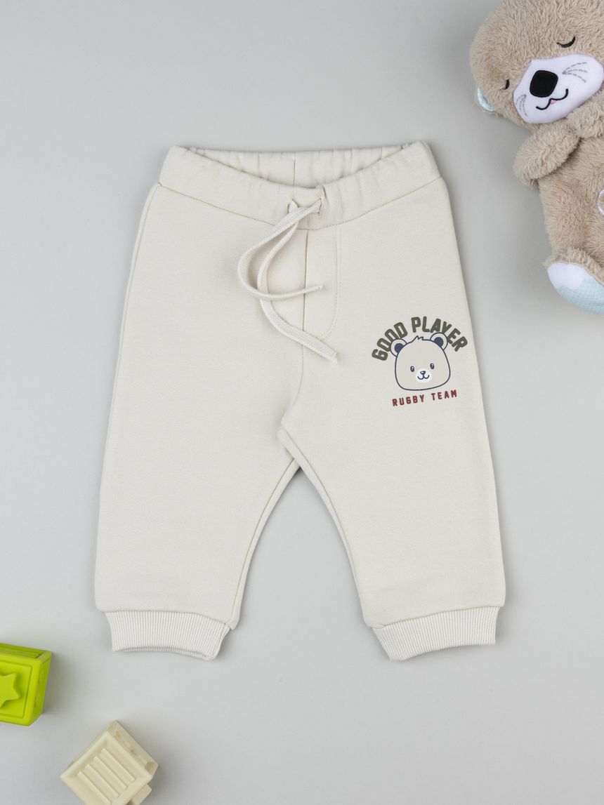 Pantalone felpato bimbo beige con stampa